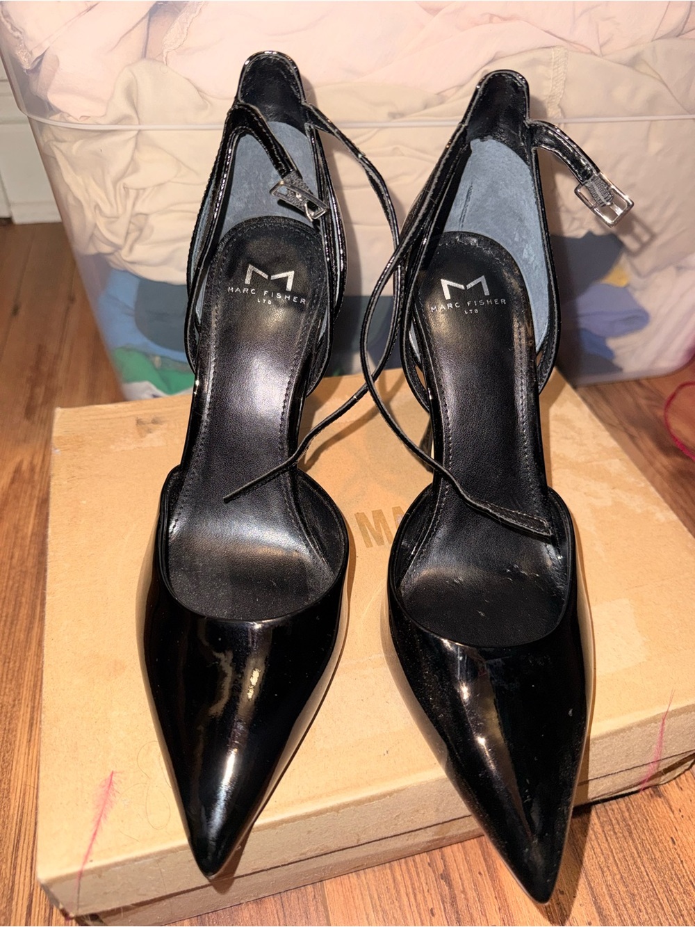 Marc Fisher Black Patent Pointed Ankle-Strap Pumps